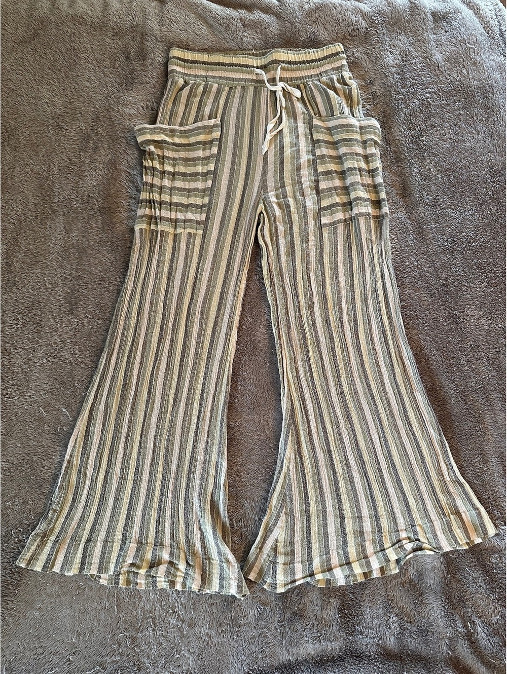 Free People Striped Cotton Gauze Wide Leg Boho Pants Green Cream Brown Size L